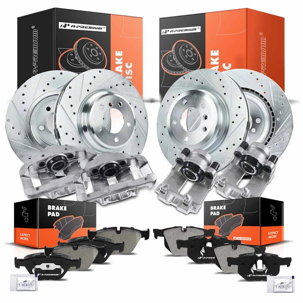 16 Pcs Front & Rear Drilled Brake Rotors & Pads + Brake Calipers for BMW E90 E92 E93 335d 335i