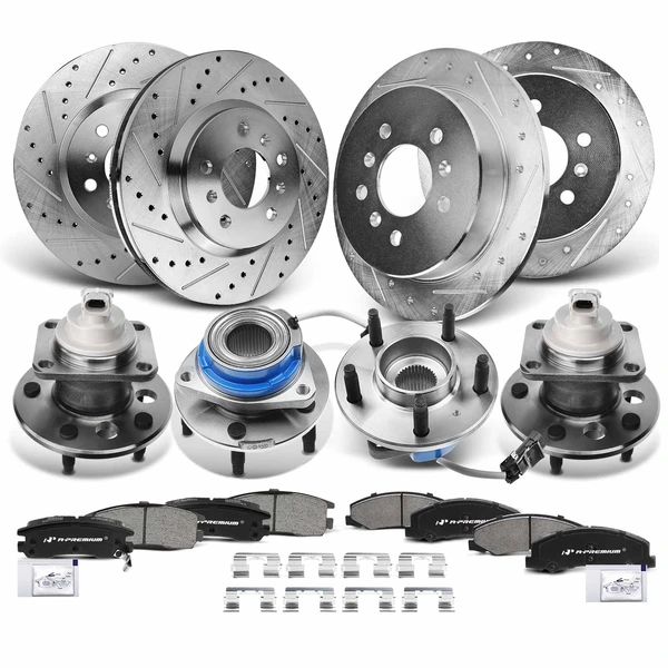 16 Pcs Front & Rear Drilled Brake Rotor & Pads + Wheel Hub Bearing for Chevrolet Impala