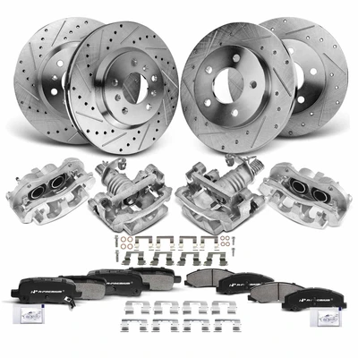 16 Pcs Front & Rear Drilled Brake Rotors & Pads + Brake Calipers