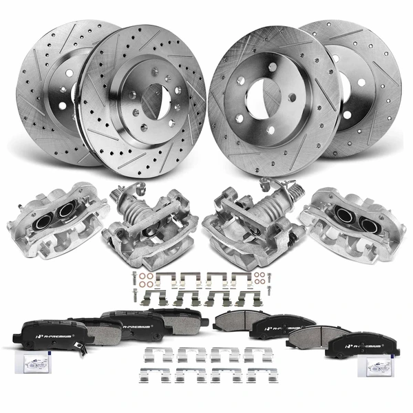 16 Pcs Front & Rear Drilled Brake Rotors & Pads + Brake Calipers for Chevy Impala