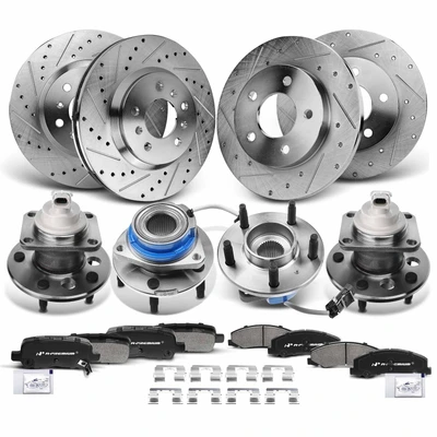 16 Pcs Front & Rear Drilled Brake Rotor & Pads + Wheel Hub Bearing