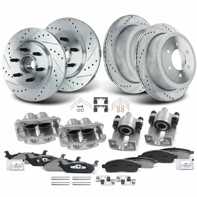 16 Pcs Front & Rear Drilled Brake Rotors & Pads + Brake Calipers