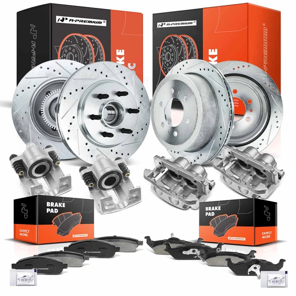 16 Pcs Front & Rear Drilled Brake Rotors & Pads + Brake Calipers for Ford F-150 05-08 Lincoln