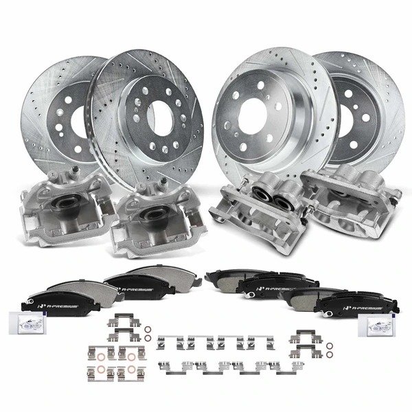 16 Pcs Front & Rear Drilled Brake Rotors & Pads + Brake Calipers for Chevrolet GMC