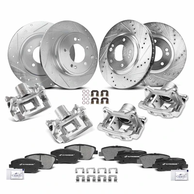 16 Pcs Front & Rear Drilled Brake Rotors & Pads + Brake Calipers