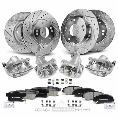 16 Pcs Front & Rear Drilled Brake Rotors & Pads + Brake Calipers