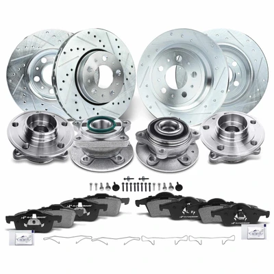 16 Pcs Front & Rear Drilled Brake Rotor & Pads + Wheel Hub Bearing