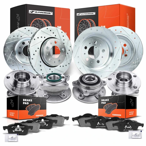 16 Pcs Front & Rear Drilled Brake Rotor & Pads + Wheel Hub Bearing for Volvo S60 02-09 XC70