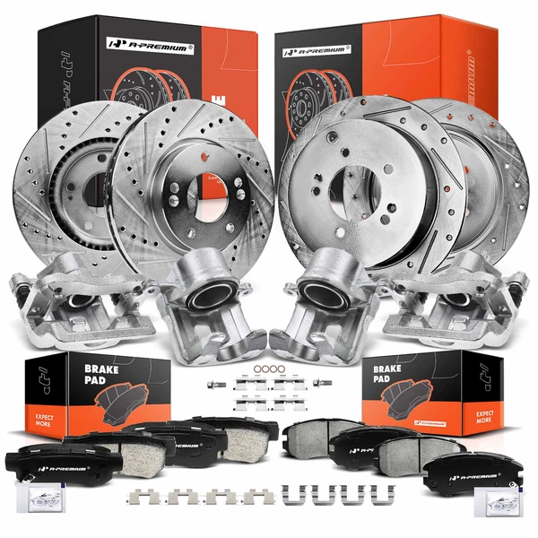 16 Pcs Front & Rear Drilled Brake Rotors & Pads + Brake Calipers for Hyundai Tucson Kia 4WD