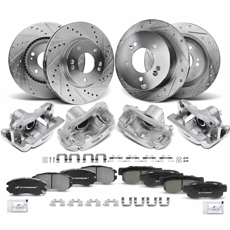 16 Pcs Front & Rear Drilled Brake Rotors & Pads + Brake Calipers for Hyundai Sonata Kia Optima