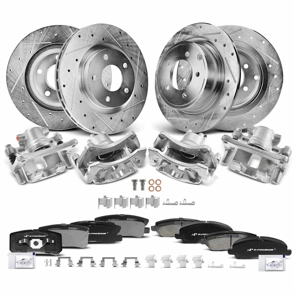 16 Pcs Front & Rear Drilled Brake Rotors & Pads + Brake Calipers for Jeep Patriot Chrysler Dodge