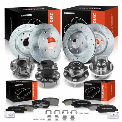 16 Pcs Front & Rear Drilled Brake Rotor & Pads + Wheel Hub Bearing