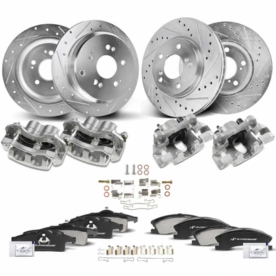 16 Pcs Front & Rear Drilled Brake Rotors & Pads + Brake Calipers