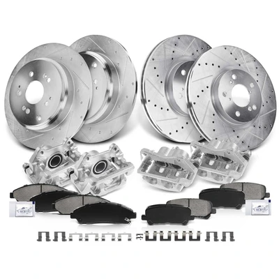 16 Pcs Front & Rear Drilled Brake Rotors & Pads + Brake Calipers