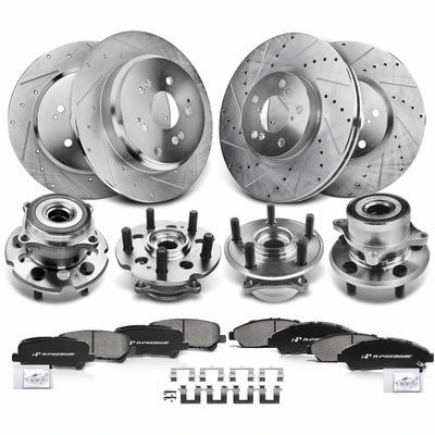 16 Pcs Front & Rear Drilled Brake Rotor & Pads + Wheel Hub Bearing