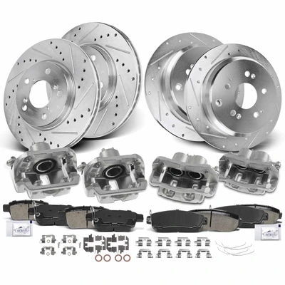 16 Pcs Front & Rear Drilled Brake Rotors & Pads + Brake Calipers