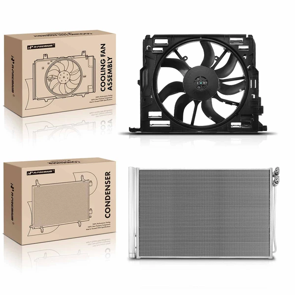 AC Condenser & Single Cooling Fan Assembly Kit for BMW 535i 640i 740i