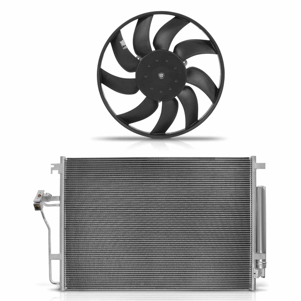 AC Condenser & Single Cooling Fan Assembly Kit for Mercedes-Benz NCV3 14-17 2.1L 10-18 3.0L