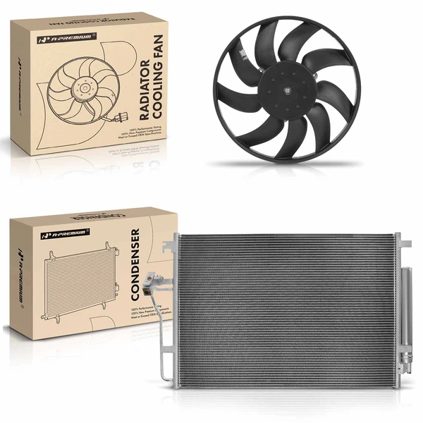 AC Condenser & Single Cooling Fan Assembly Kit for Mercedes-Benz NCV3 14-17 2.1L 10-18 3.0L