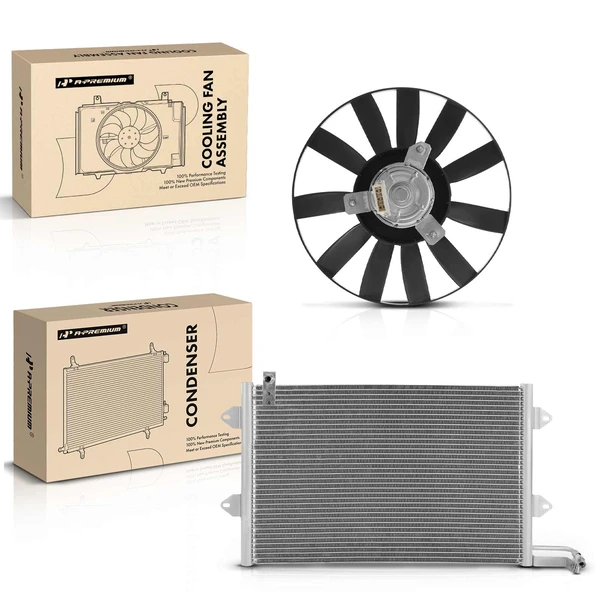 AC Condenser & Single Cooling Fan Assembly Kit for Volkswagen Cabrio 95-02 Golf Jetta