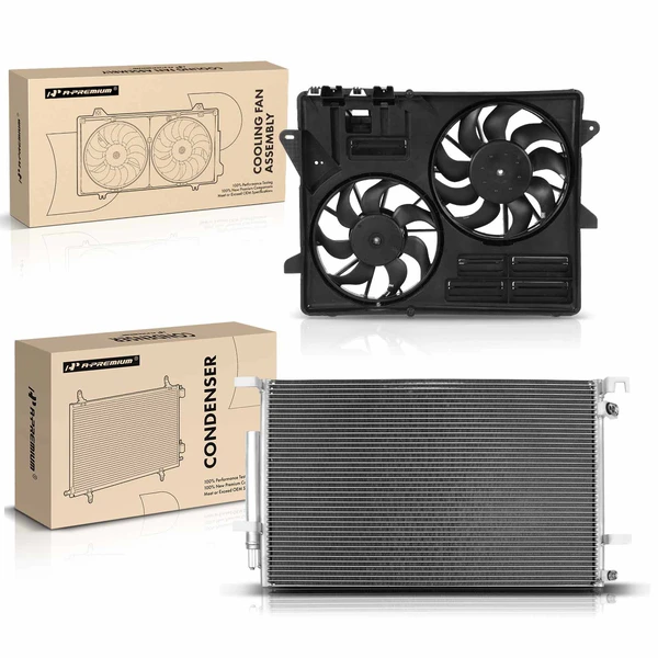 AC Condenser & Dual Cooling Fan Assembly Kit for Ford Mustang 15-21 3.7L 5.0L 5.2L