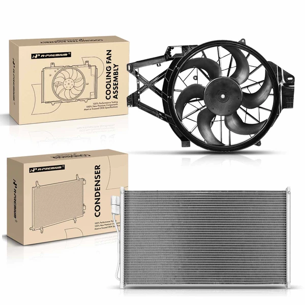 AC Condenser & Single Cooling Fan Assembly Kit for Ford Mustang 1999-2004 V6 3.8L 3.9L