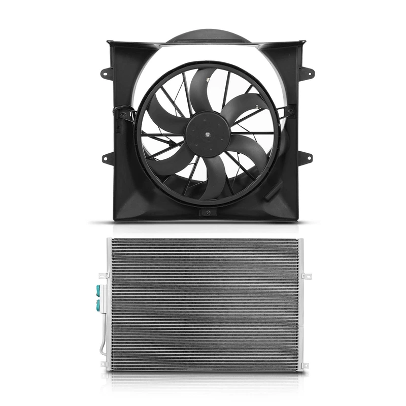 AC Condenser & Single Cooling Fan Assembly Kit for Jeep Grand Cherokee 1999-2003 with Frame