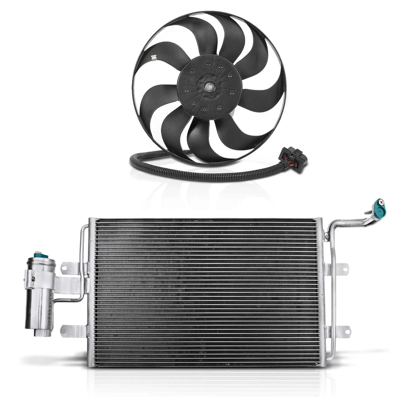 AC Condenser & Single Cooling Fan Assembly Kit for Audi TT 03-06 Volkswagen Golf 02-05