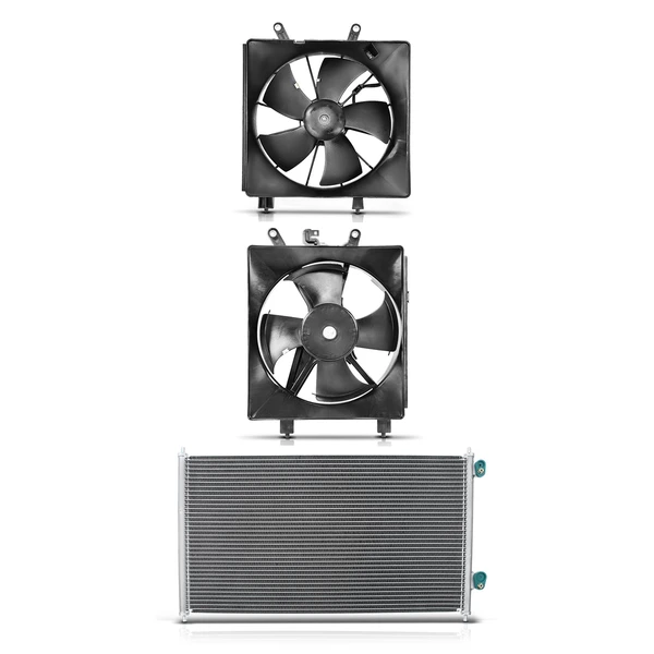 1 Pc AC Condenser & 2 Pcs Single Cooling Fan Assembly Kit for Honda Civic 2001-2005 L4 1.7L
