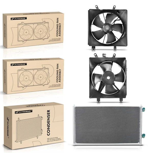 1 Pc AC Condenser & 2 Pcs Single Cooling Fan Assembly Kit for Honda Civic 2001-2005 L4 1.7L