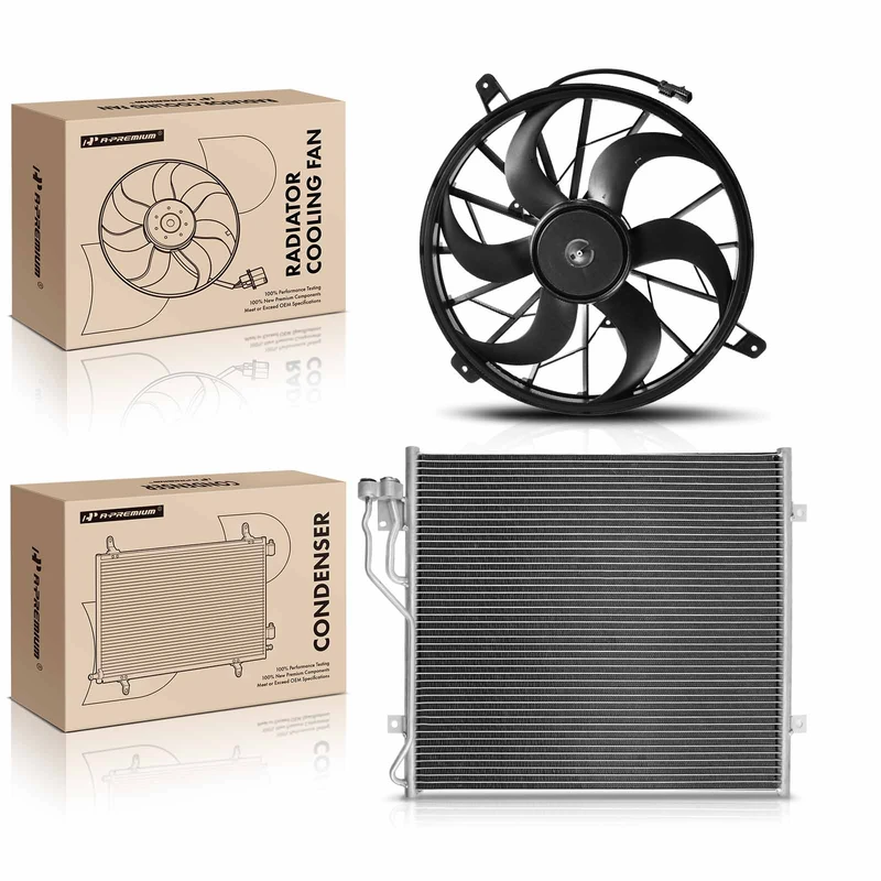 AC Condenser & Single Cooling Fan Assembly Kit for Jeep Liberty 2002-2003 3.7L without Shroud