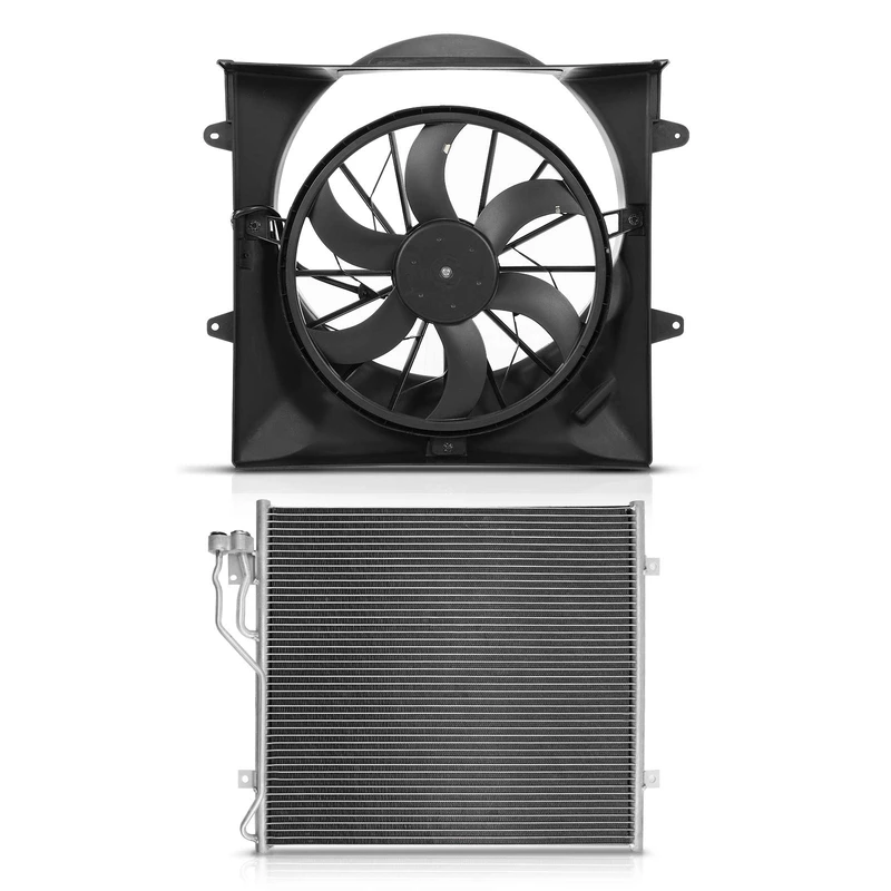 AC Condenser & Single Cooling Fan Assembly Kit for Jeep Liberty 2002-2003 3.7L with Shroud