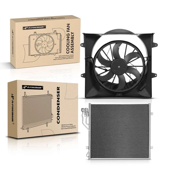 AC Condenser & Single Cooling Fan Assembly Kit for Jeep Liberty 2002-2003 3.7L with Shroud