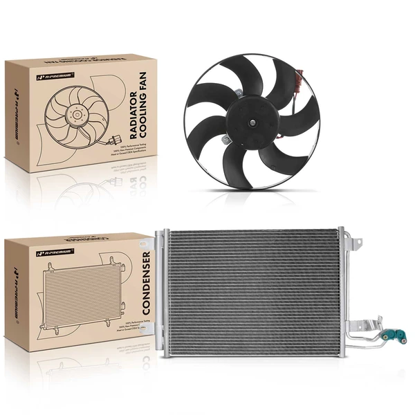 AC Condenser & Cooling Fan Assembly Kit for Volkswagen Golf Jetta Rabbit Audi A3