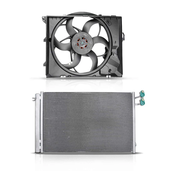AC Condenser & Single Cooling Fan Assembly Kit for BMW E82 128i E90 325xi 328xi E89 Z4