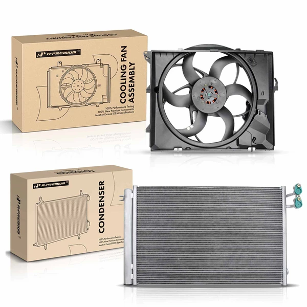 AC Condenser & Single Cooling Fan Assembly Kit for BMW E82 128i E90 325xi 328xi E89 Z4