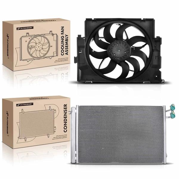 AC Condenser & Single Cooling Fan Assembly Kit for BMW F30 328i 2012 2.0L