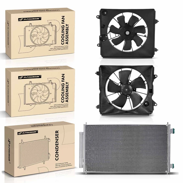 1 Pc AC Condenser & 2 Pcs Single Cooling Fan Assembly Kit for 2007-2009 Honda CR-V