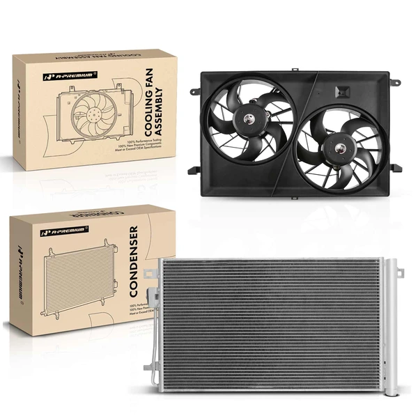 AC Condenser & Dual Cooling Fan Assembly Kit for Chevrolet Buick GMC Saturn