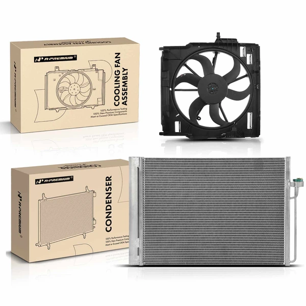 AC Condenser & Single Cooling Fan Assembly Kit for BMW X5 2013-2018 X6 L6 3.0L