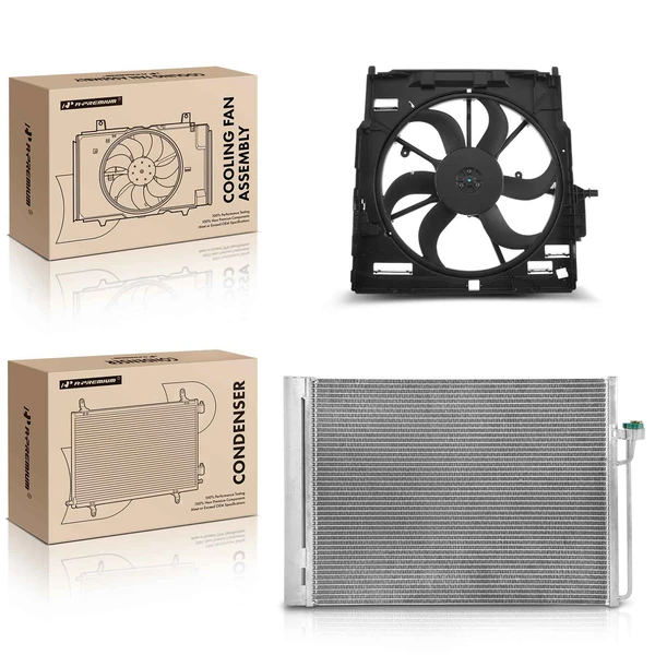 AC Condenser & Single Cooling Fan Assembly Kit for BMW E70 2011-2013 E71 X6 2008-2014