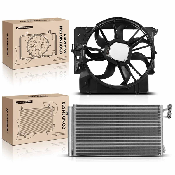 AC Condenser & Single Cooling Fan Assembly Kit for BMW E82 135i E90 335i xDrive
