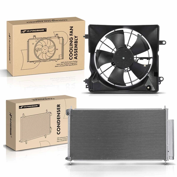 AC Condenser & Single Cooling Fan Assembly Kit for Honda Civic 12-15 1.8L 2.4L Coupe
