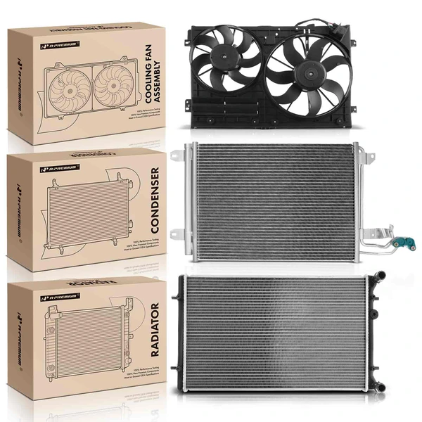 3 Pcs Radiator & AC Condenser & Cooling Fan Kit for 2009-2010 2012 Audi A3