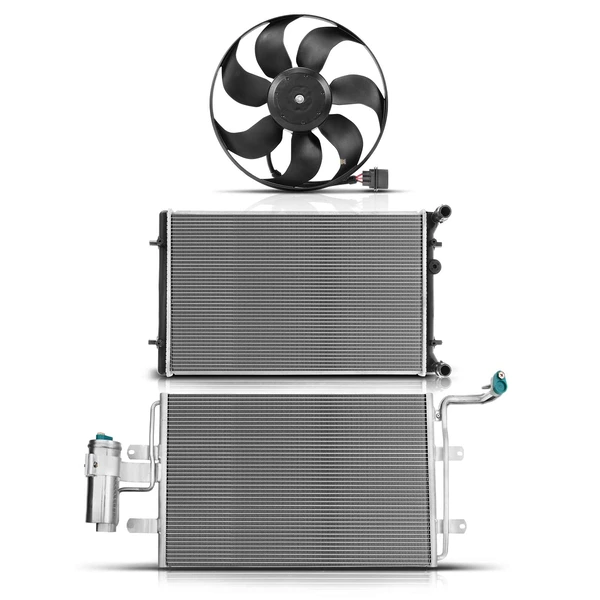 3 Pcs Radiator & AC Condenser & Cooling Fan Kit for 2002-2005 Volkswagen Golf