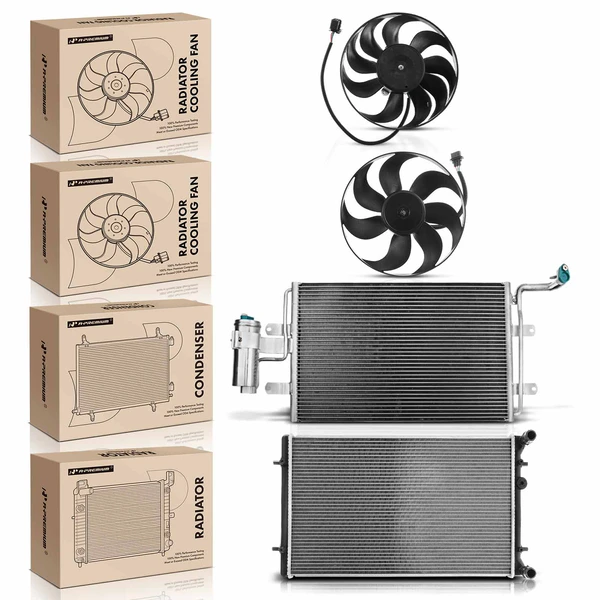 4 Pcs Radiator & AC Condenser & Cooling Fan Kit for Volkswagen Golf Jetta Audi TT