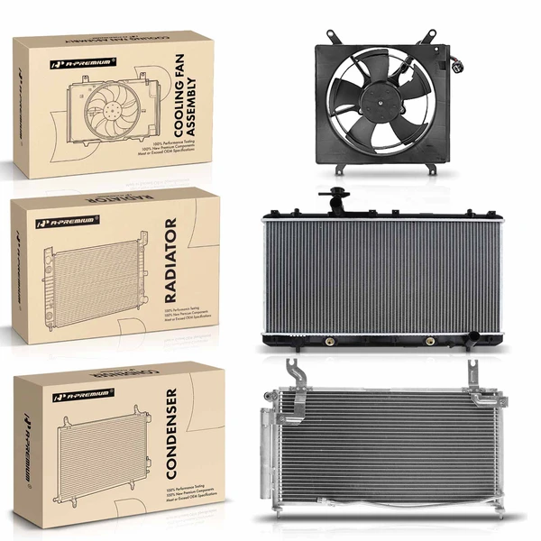 3 Pcs Radiator & AC Condenser & Cooling Fan Kit for Suzuki Aerio 2002-2007 2.0L 2.3L 4-Pin