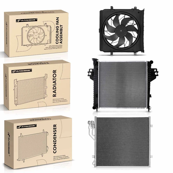 3 Pcs Radiator & AC Condenser & Cooling Fan Kit for Jeep Liberty 2002-2004 L4 2.4L