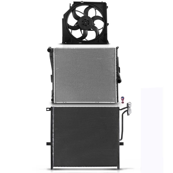 3 Pcs Radiator & AC Condenser & Cooling Fan Kit for 2004-2006 BMW X3