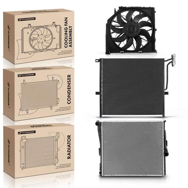 3 Pcs Radiator & AC Condenser & Cooling Fan Kit for 2004-2006 BMW X3